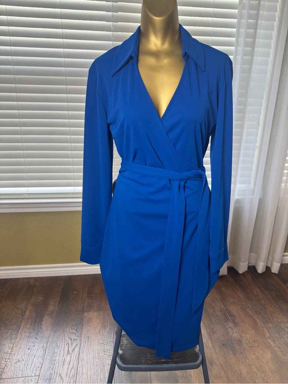 Express Royal Blue Long Sleeve Wrap Dress with Tie Belt